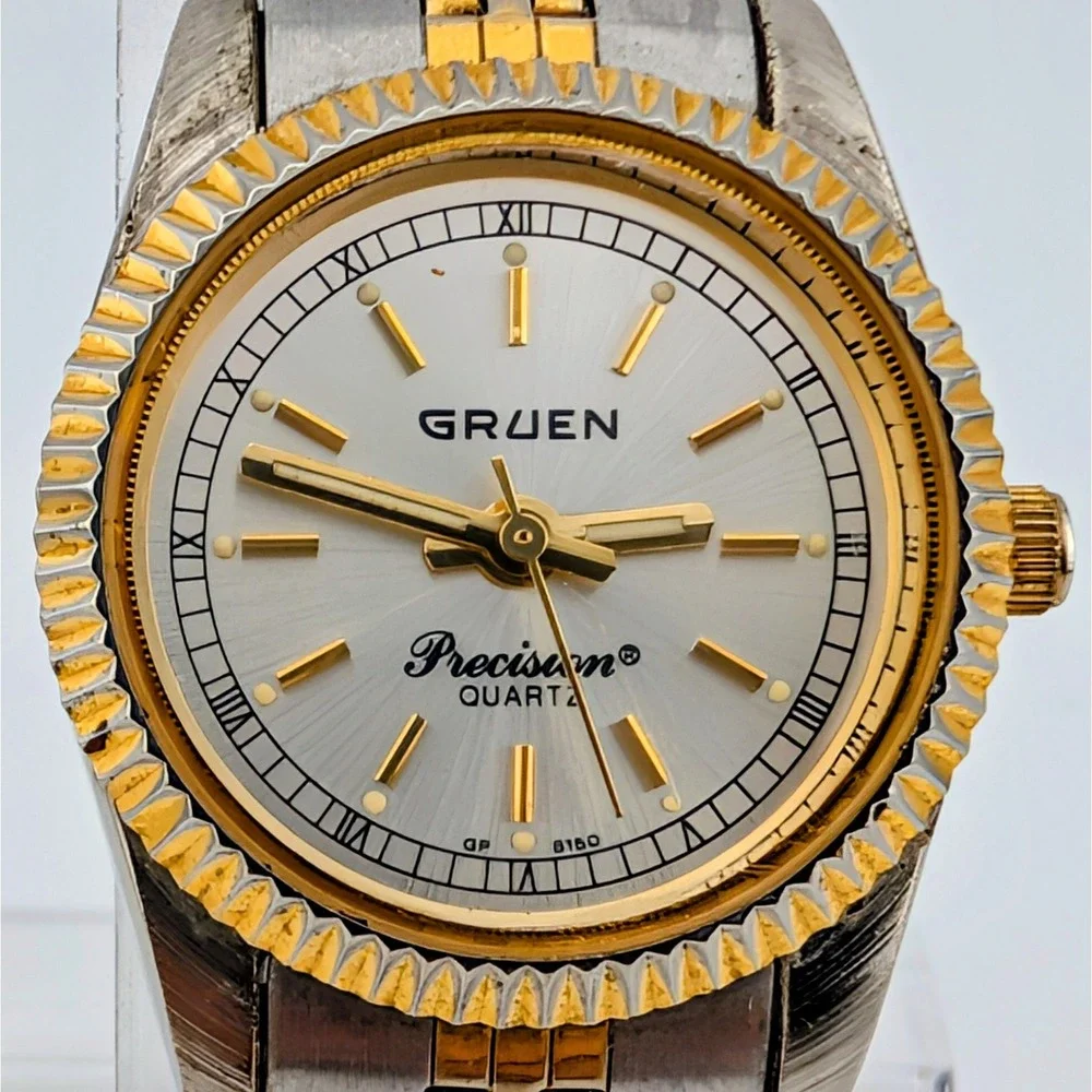 Gruen Precision Quartz Two Tone Fluted Bezel Watch 25mm‎ Silver Sunburst Dial